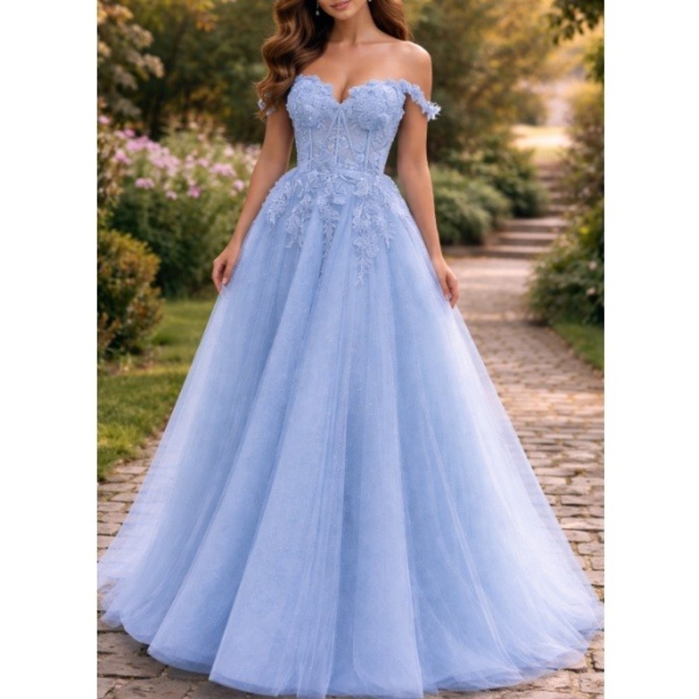 Stacees Women's Sky Blue A-line Applique Sheer Corset Glitter Prom Dress‎ Size 8